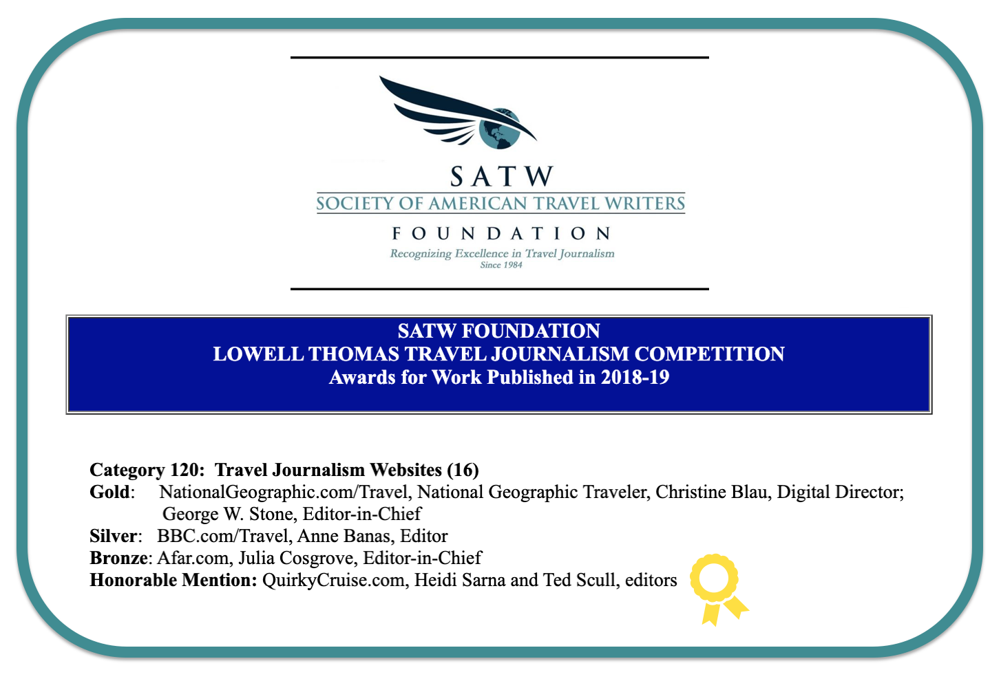 QuirkyCruise Gets Honorable Mention in SATW Lowell Thomas Travel Journalism Awards