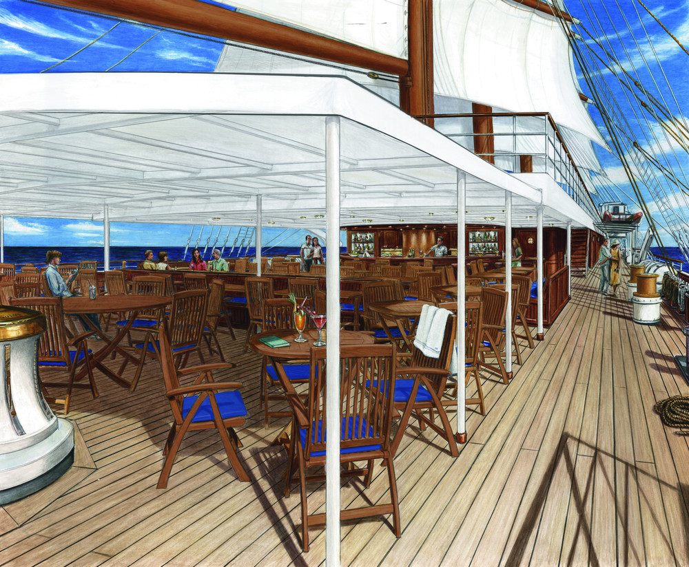 The new Sea Cloud Spirit is now scheduled to debut April 22 in Palma de Mallorca Rendering Sea Cloud Cruises