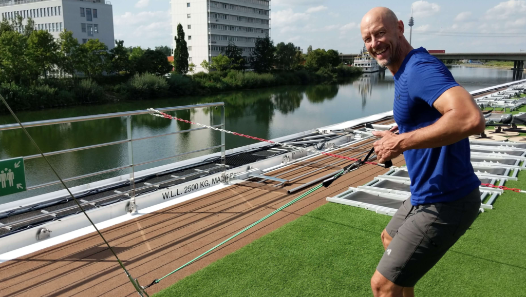 John's exercise band work out on his active Danube river cruise