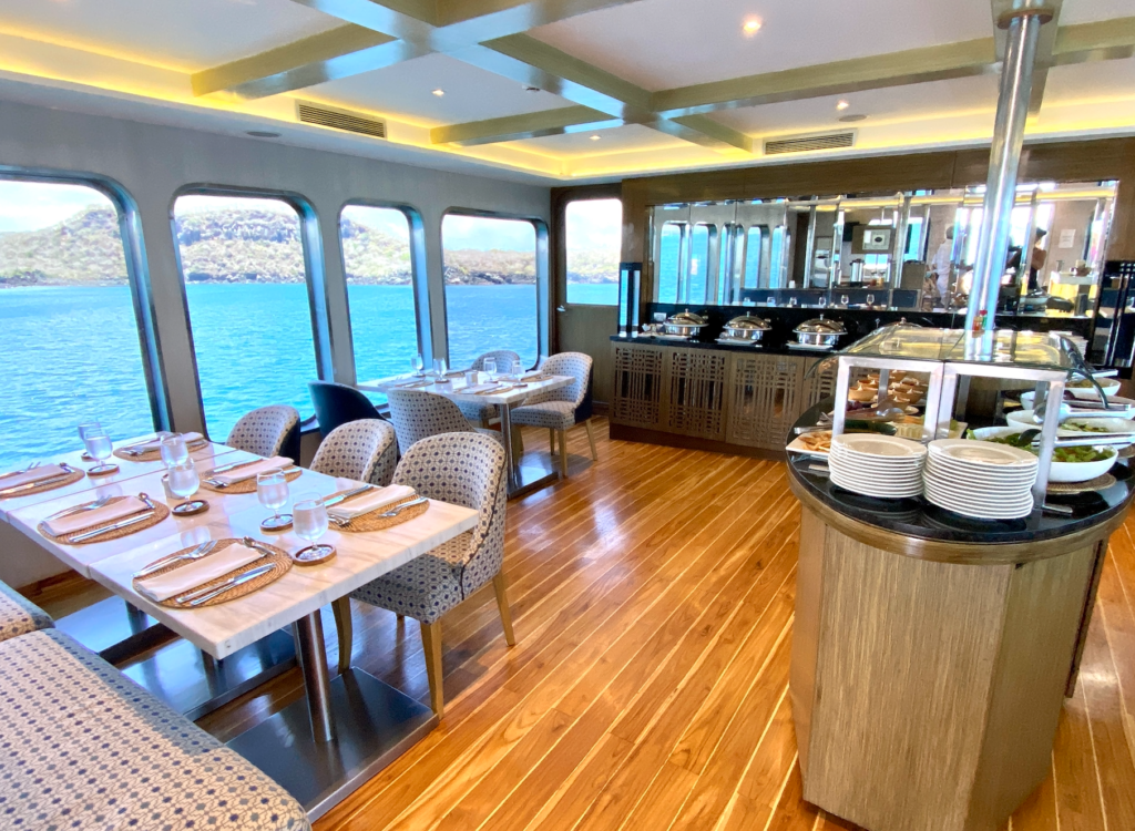 The main dining room on an Ecoventura Galapagos Cruise
