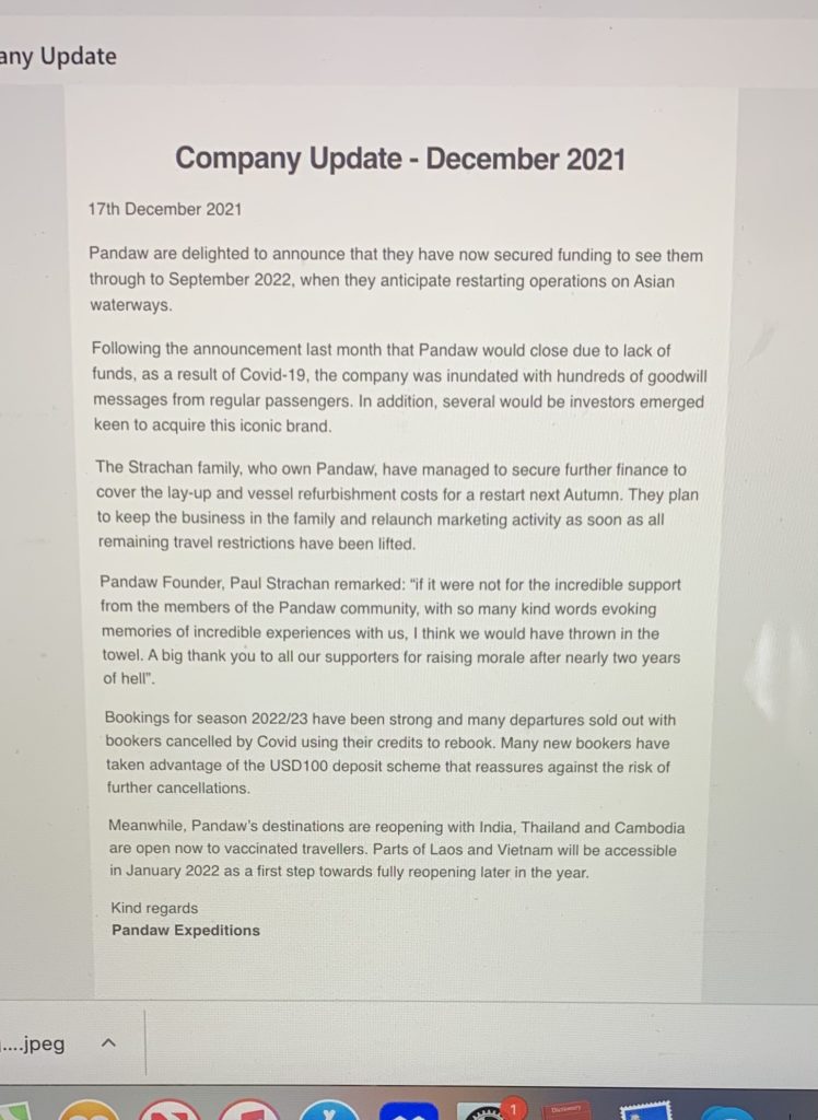 Pandaw Company Update: Dec 17 2021
