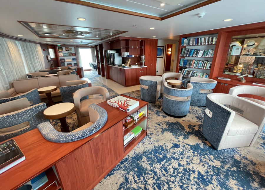 The handsome library aboard Nat Geo Endeavour II in the Galapagos