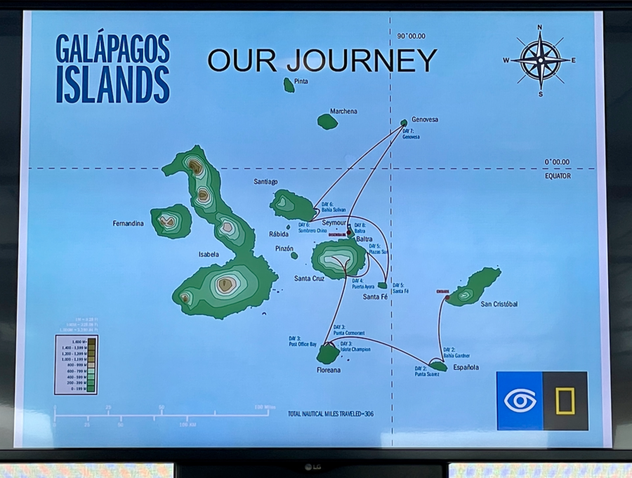map of route on Peter's Lindblad Galapagos cruise