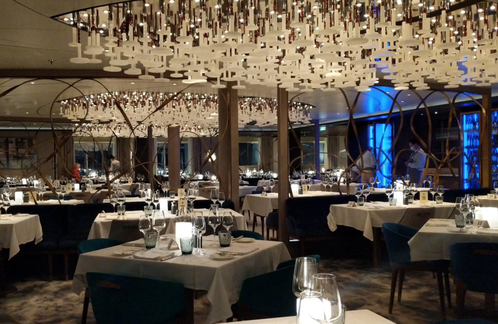 The elegant Waterside dining room on Crystal Endeavor
