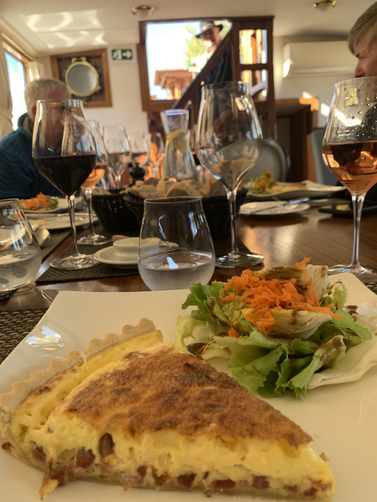 Quiche Lorraine and salad on hotel canal barge Anjodi