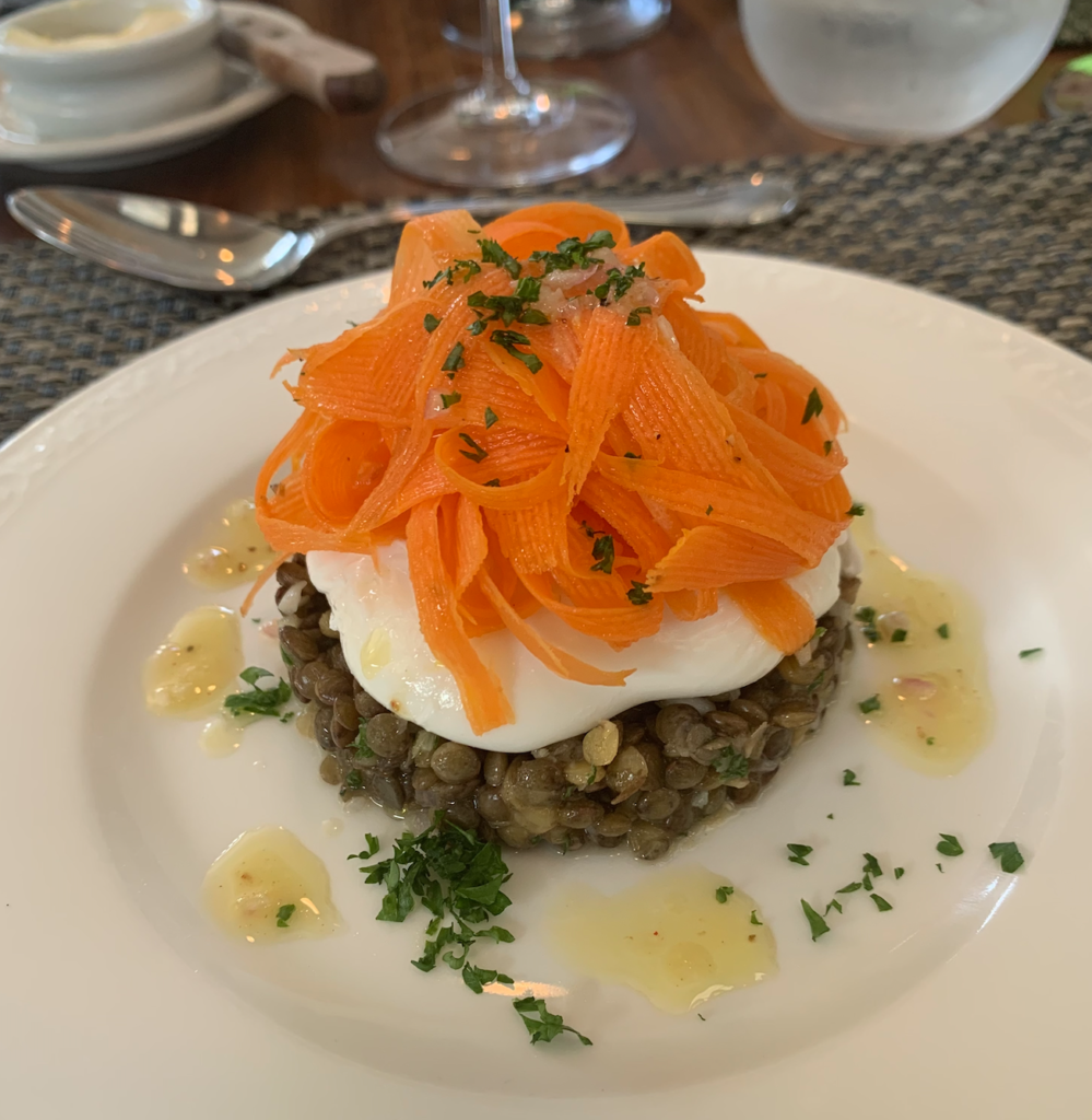Lentil salad with poached egg on Anjodi canal do midi cruise