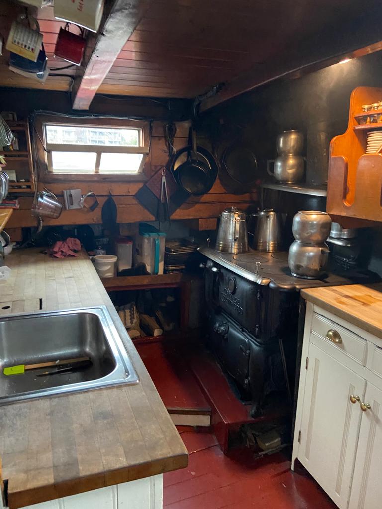 the galley with the wood burning stove