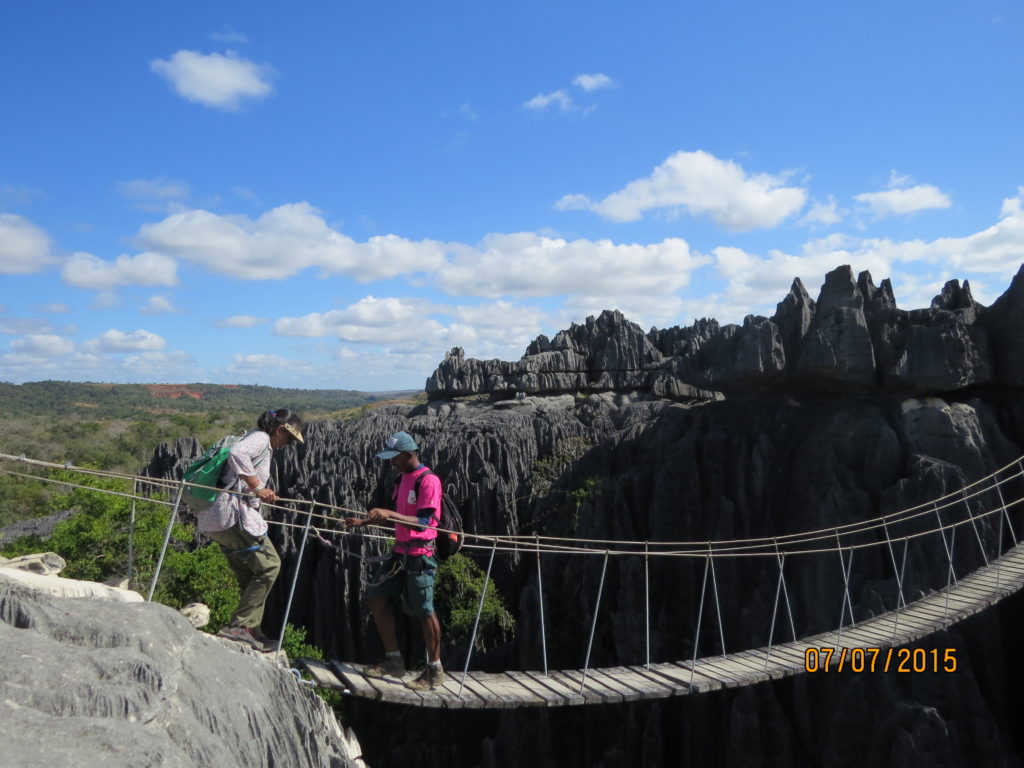 Hema on a rope bridge in the Tsingy de Bemaraha National Park in northwest Madagascar.