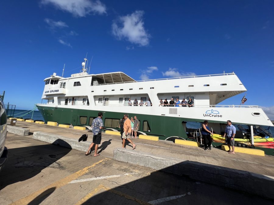 Safari explorer crew waves good bye to the guests of this small ship Hawaii cruise