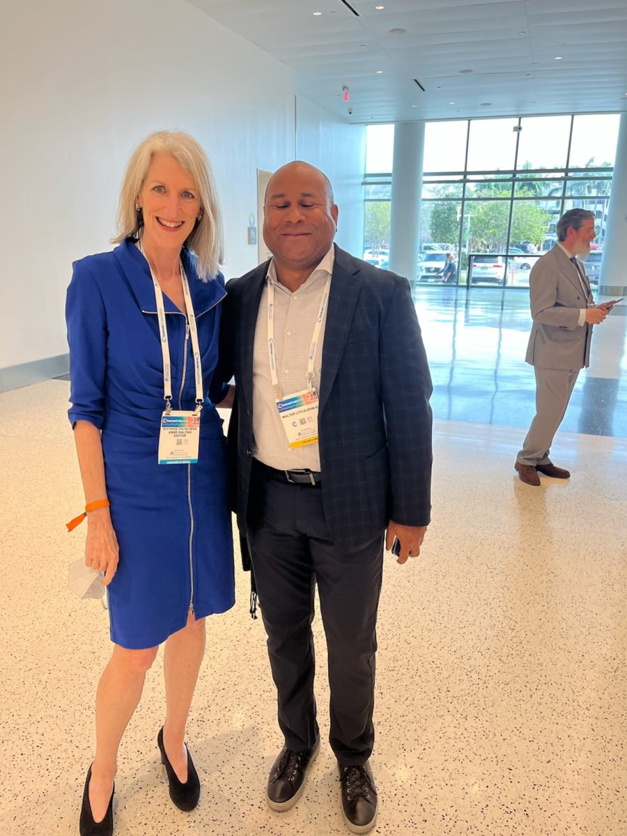 Anne Kalosh, left, at Seatrade with Walter Littlejohn, former managing director of Crystal River Cruises.
