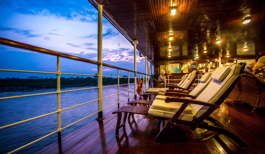 Pandaw river cruise boat deck at dusk