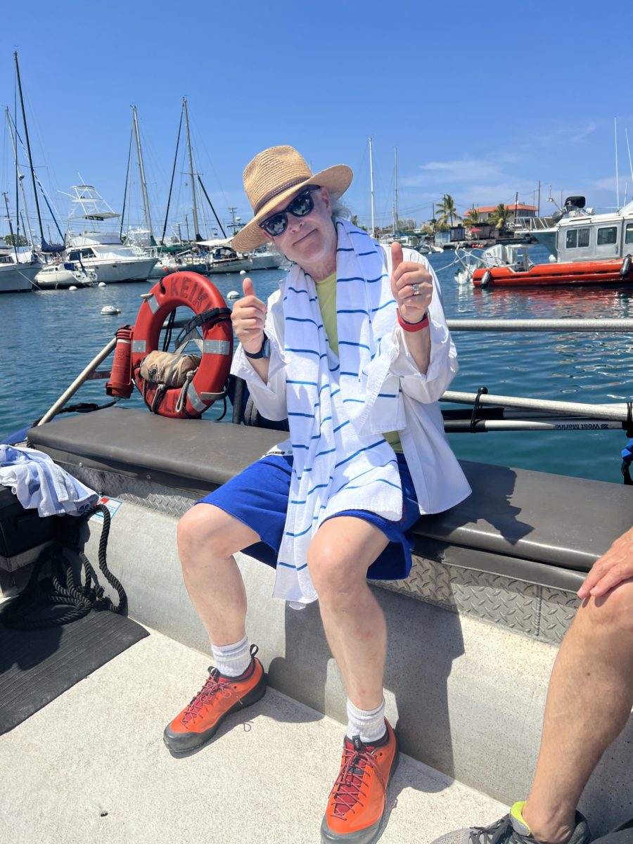 Lawrence, all smiles on skiff after visit to Lahaina - Judi Cohen