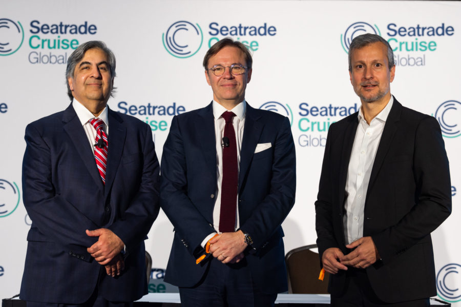 Ponant had a strong presence with top executives including its new new CEO, Hervé Gastinel, center, with Navin Sawhney, left, and Hervé Bellaiche