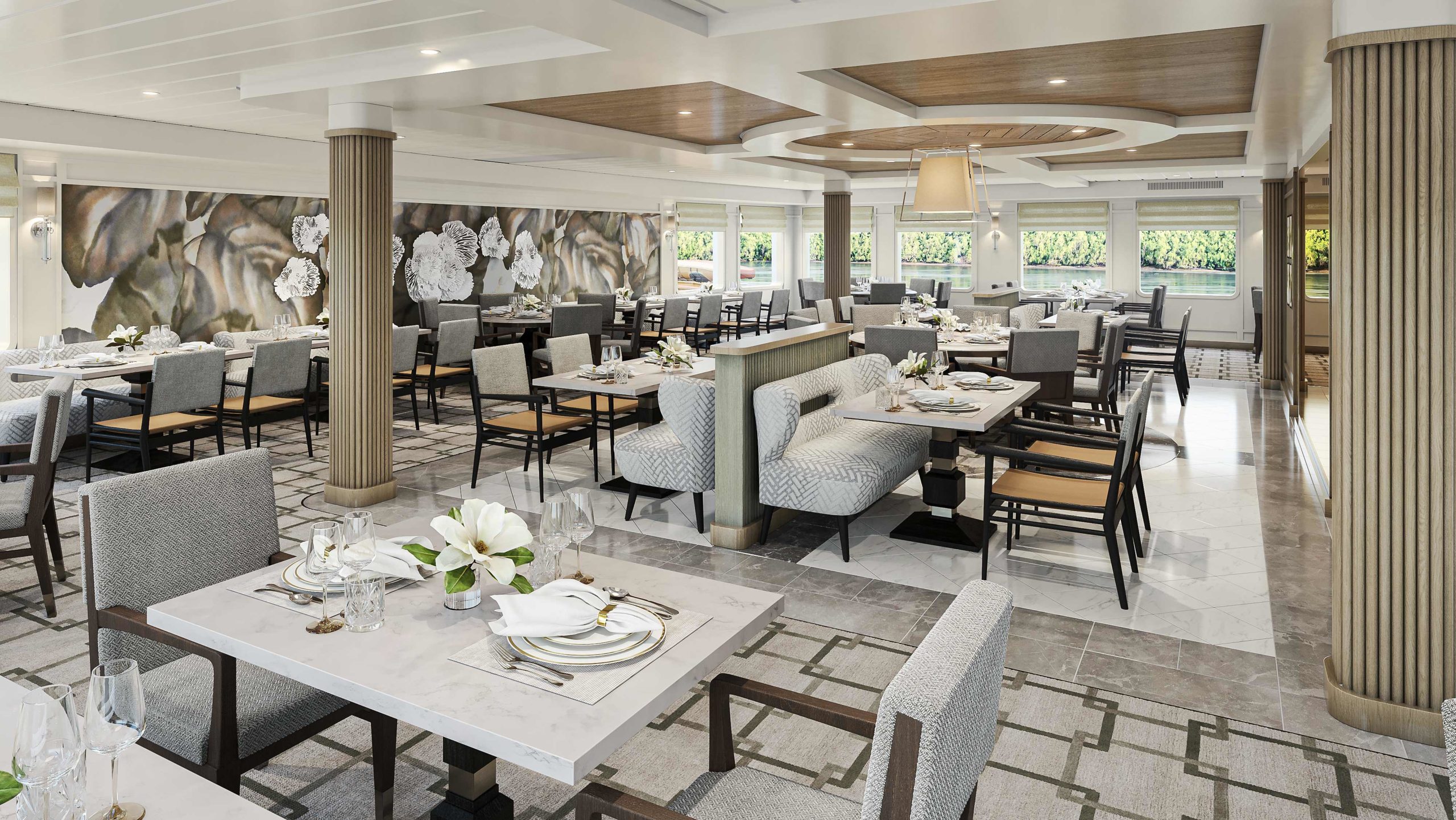 Small ship cruise highlights include the elegant restaurant on American Cruise Lines' new American Eagle