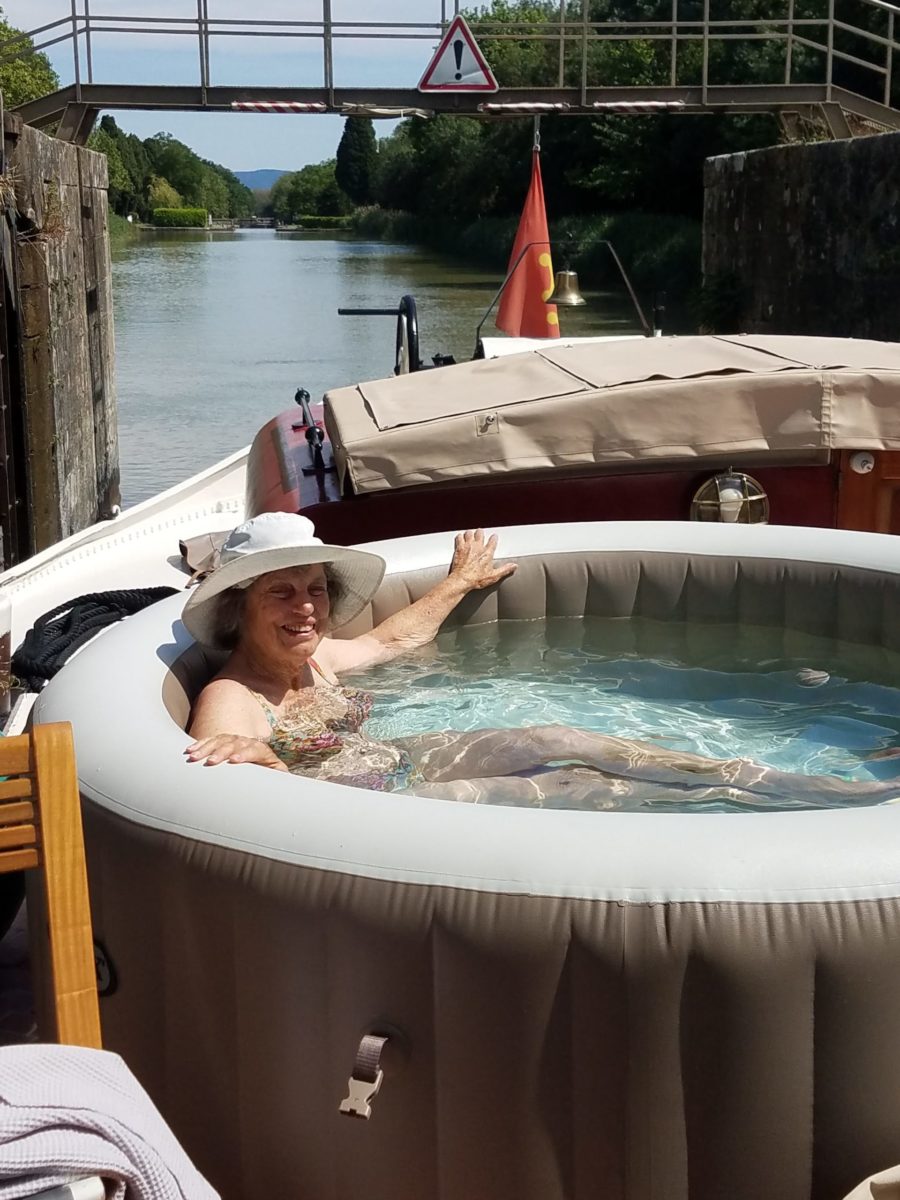 Cynthia in the hot tub of Savannah Barge