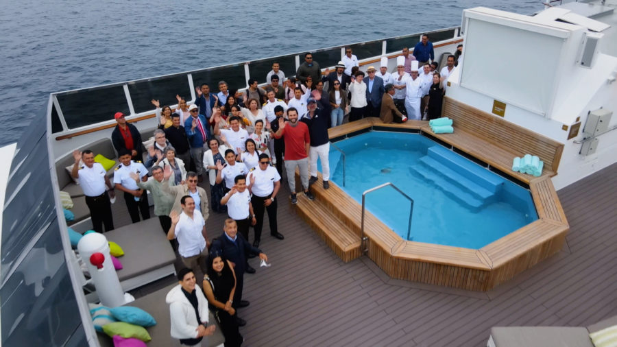 Festivities on the top deck of the new Galapagos ship Nat Geo Islander II