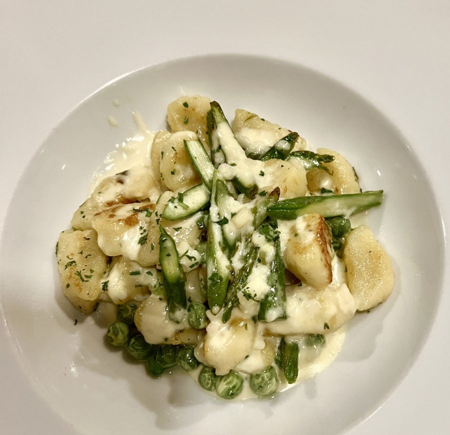 Home-made potato gnocchi with peas, asparagus and goat cheese cream sauce for in-cabin dining on Wind Spirit in Tahiti