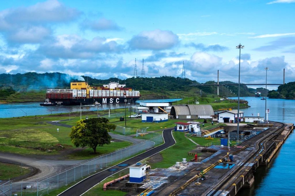 container ship in the Panama Canal as seen from Greg Mortimer