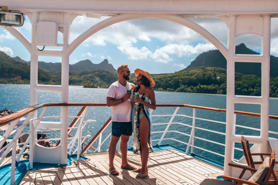 Christine & her fiance on the Wind Spirit in Tahiti