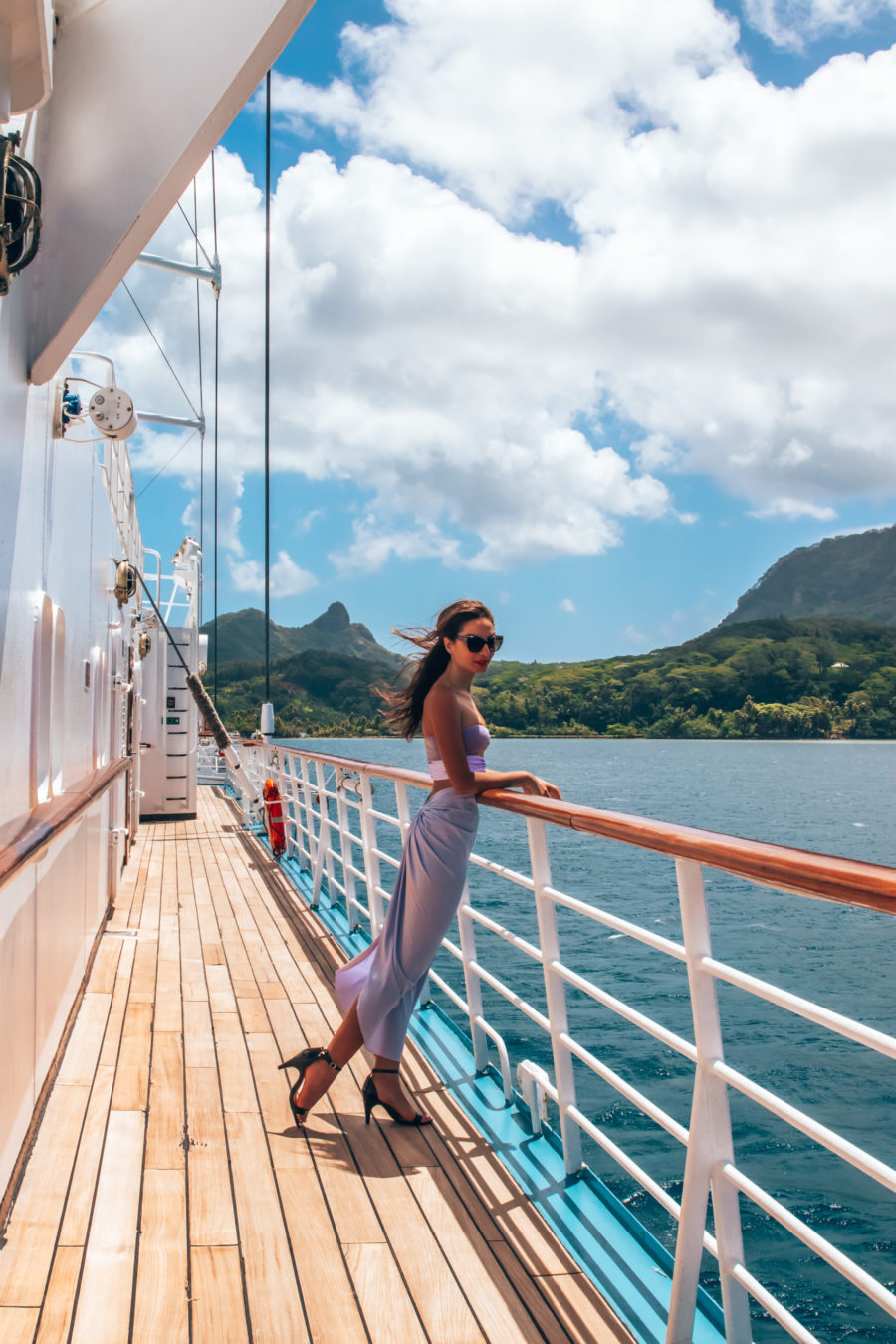 Christine on deck of the Wind Spirit in Tahiti