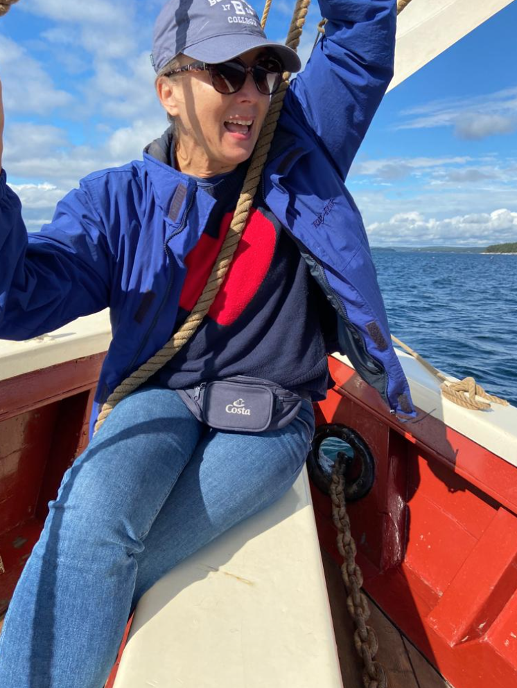 Heidi enjoying the J&E Riggin windjammer in Maine best cruise