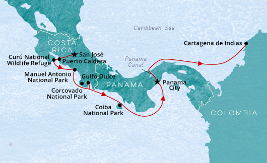 The 10-night Costa Rica & Panama Canal cruise route.
