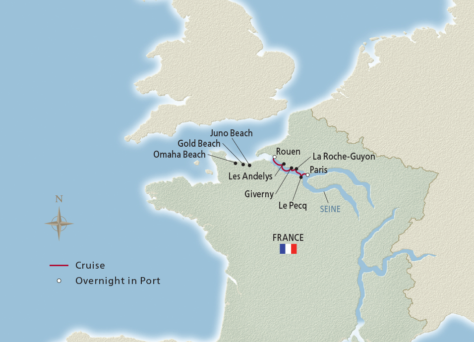 Map of the 7-night "Paris & the Heart of Normandy" Viking cruise itinerar