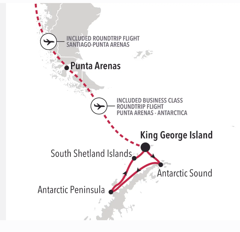 route map of Silver Endeavour Antarctica cruise