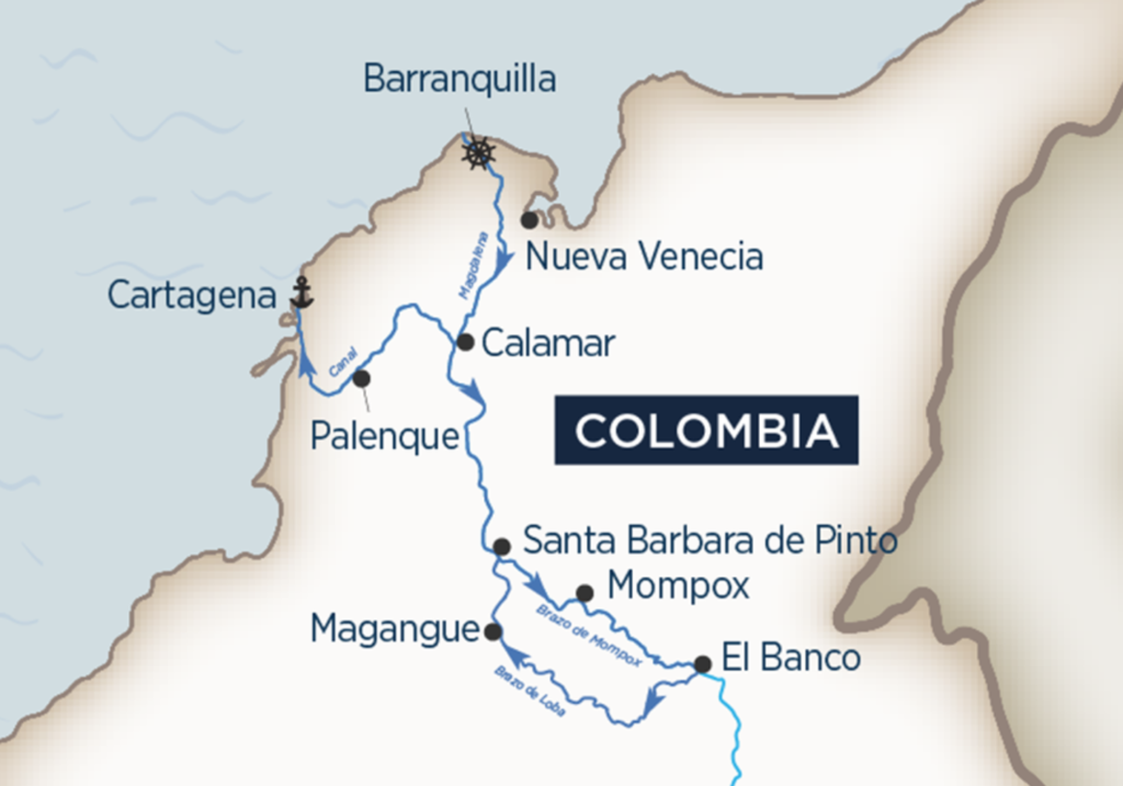 Map of AMA's Colombia’s Magdalena River cruise