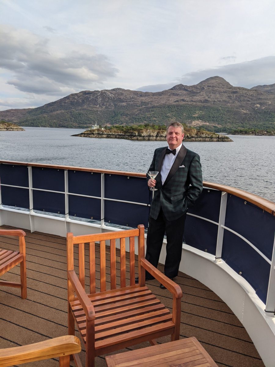 The author enjoying the last gala evening onboard Lord of the Highlands