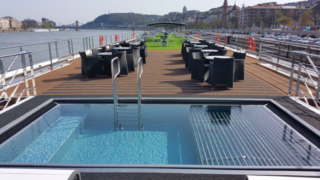 The pool and sun deck of the Scenic Opal river cruise