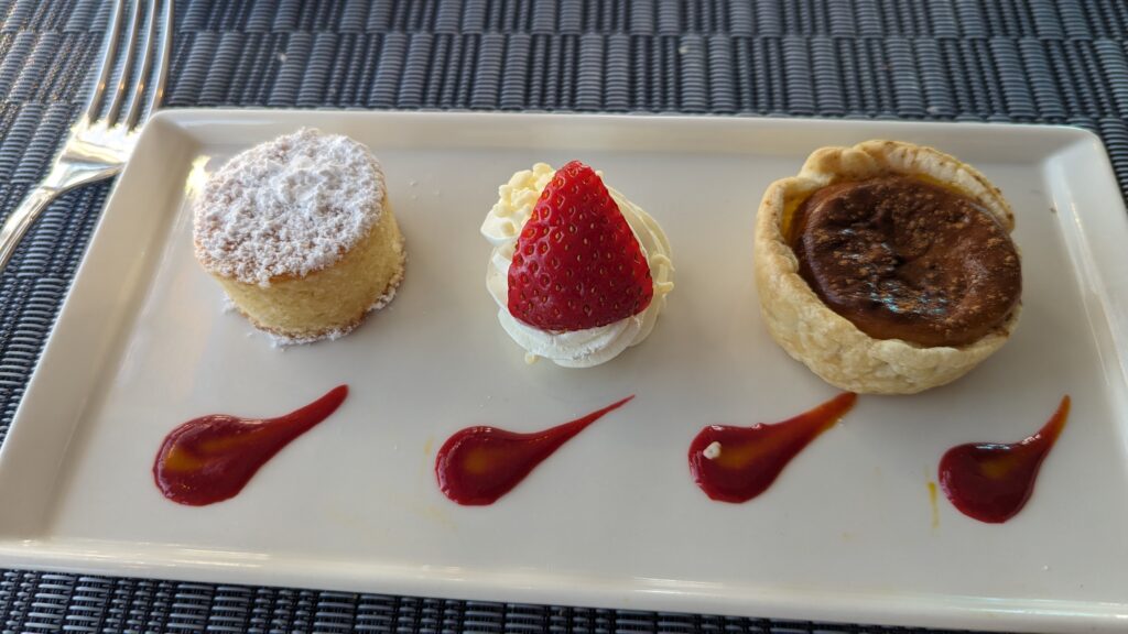 A dessert trio served aboard Riverside Mozart.