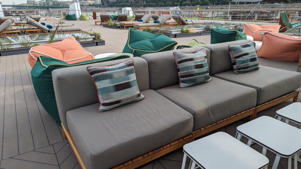 The comfy seating on the Sun Deck of Riverside Mozart