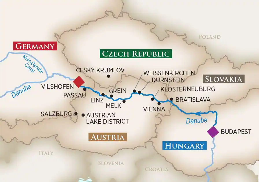 AmaWaterways' Melodies of the Danube map