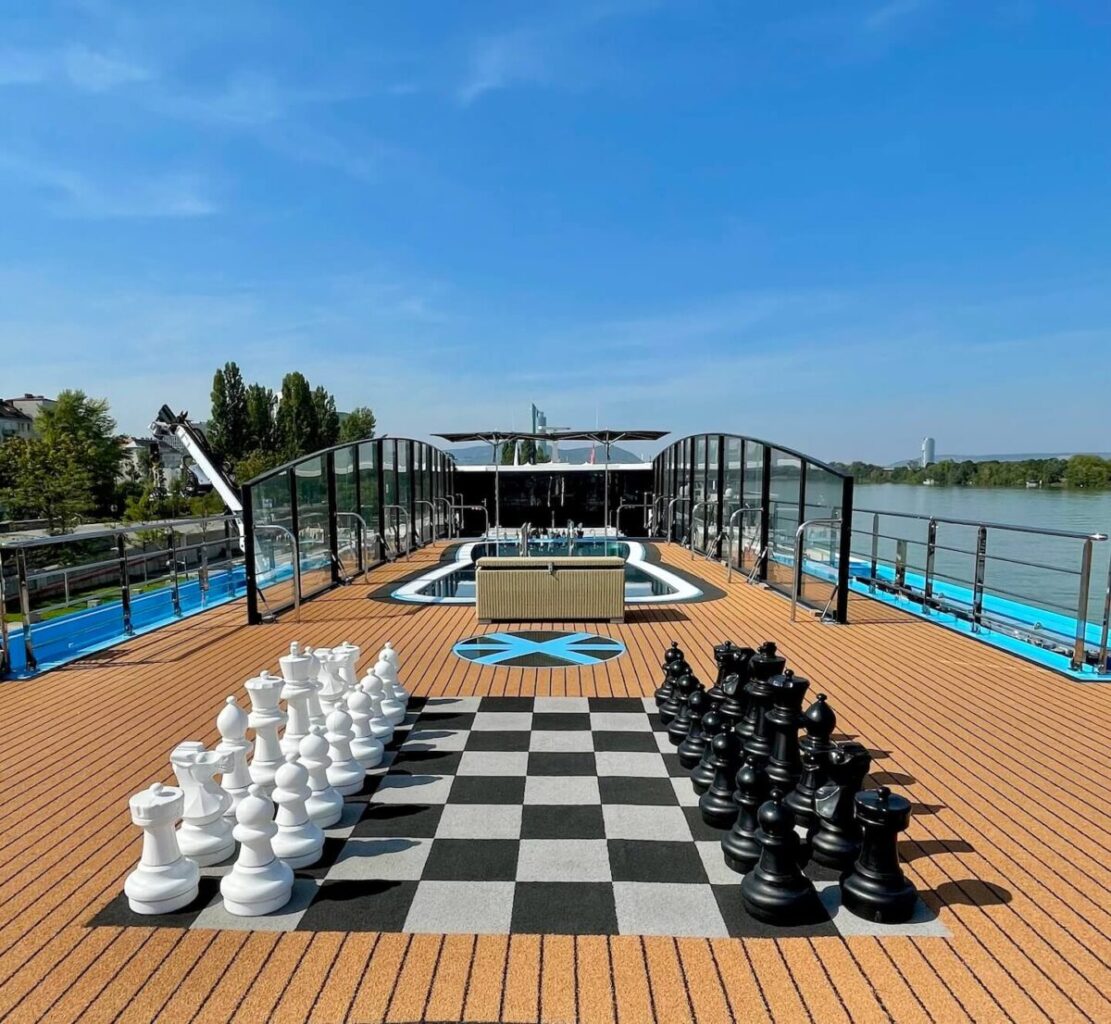 chess board and heated pool on the Sun Deck of ?AmaSonata