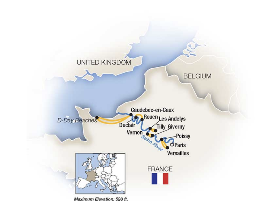 A map of the Tauck on the Seine River cruise