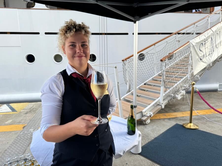 Champagne served at the gangway of Sea Cloud Spirit