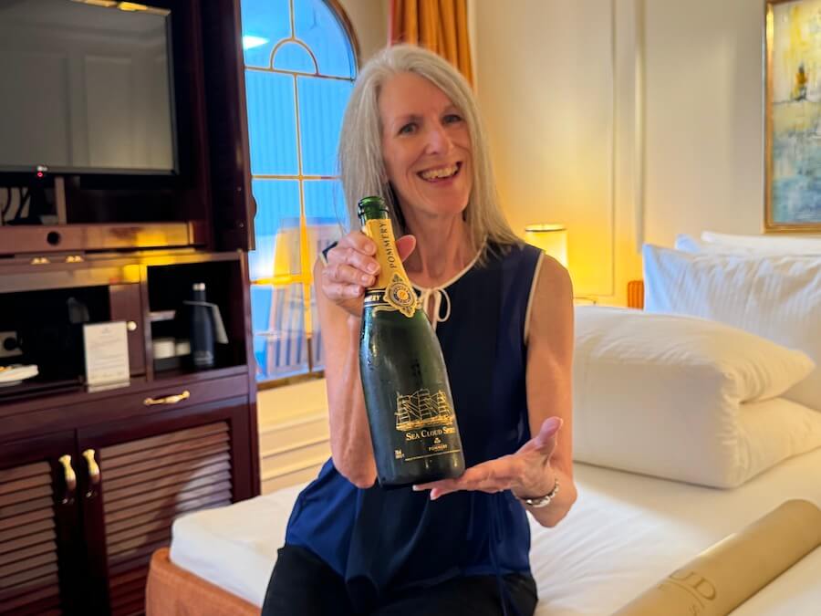  bottle of champagne awaits in the cabin of Sea Cloud Spirit