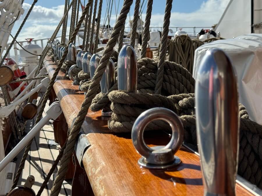 The tidy lines secured on pegs of Sea Cloud Spirit