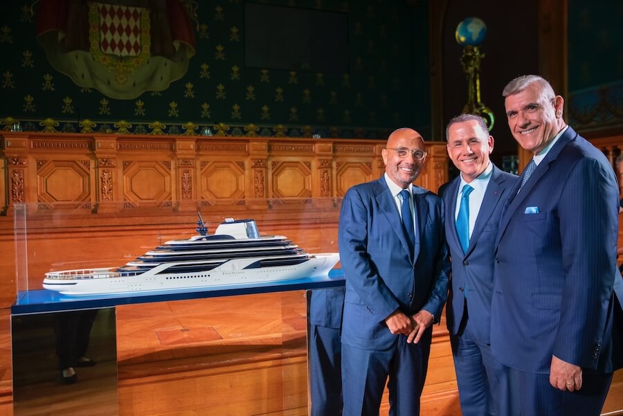 From left, Nadim Ashi, co-founder of Marc-Henry Cruise Holdings, with Philip Levine and Larry Pimentel, who left. They are pictured at the launch of Four Seasons Yachts at the 2022 Monaco Yacht Show