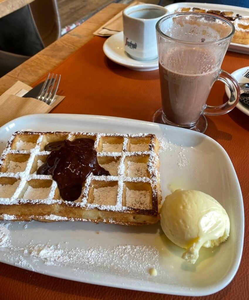 Belgian waffles at a Bruges cafe