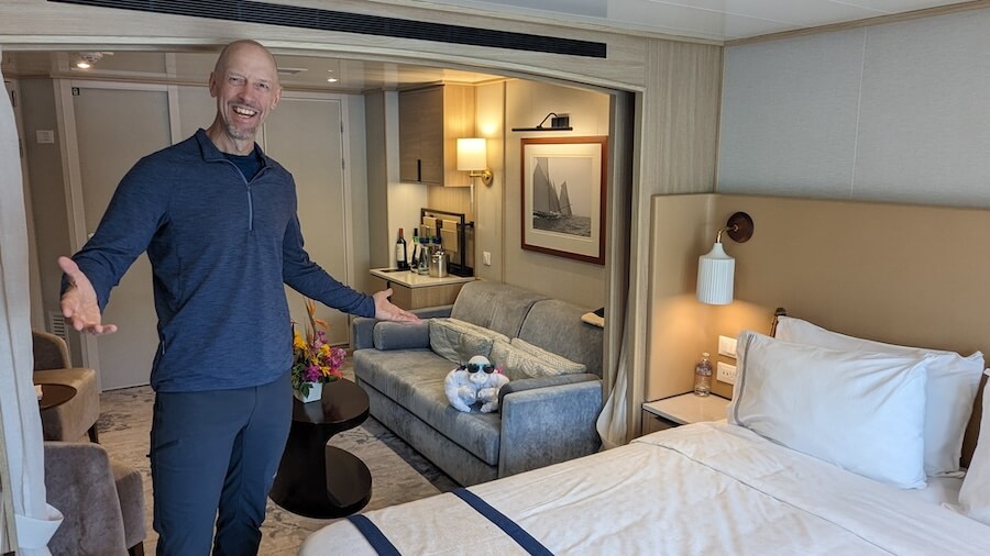 John's balcony cabin aboard WIndstar Star Breeze, a small ship Japan cruise