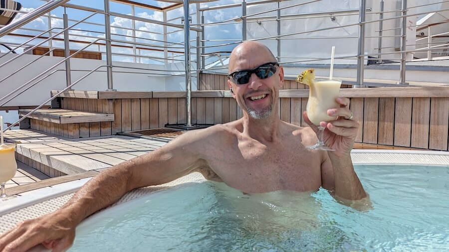 John in the hot tub of Star Breeze on a small-ship Japan cruise