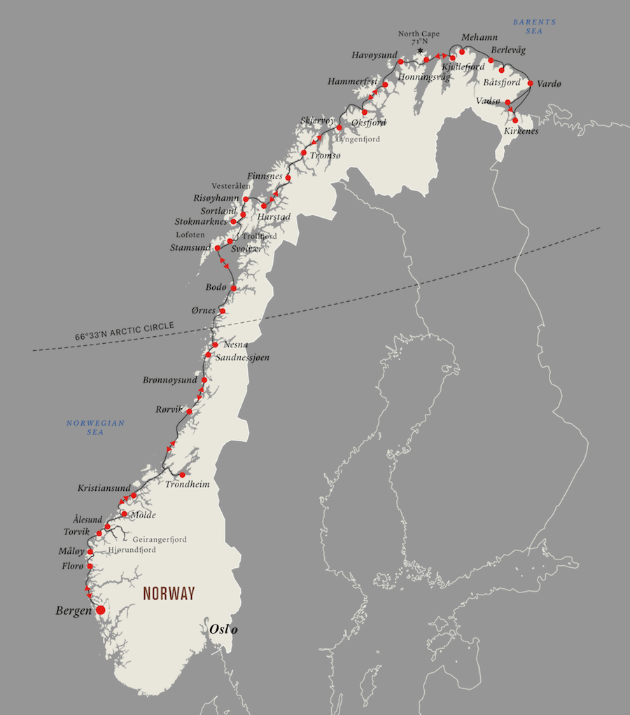 Hurtigruten route shows Norwegian fjords ports