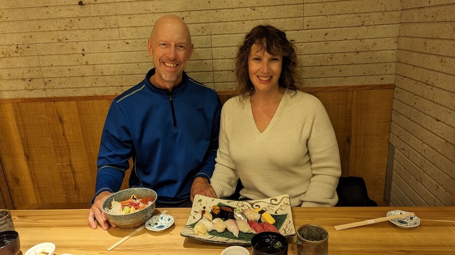 John and Colleen enjoying a sushi lunch in Tokyo