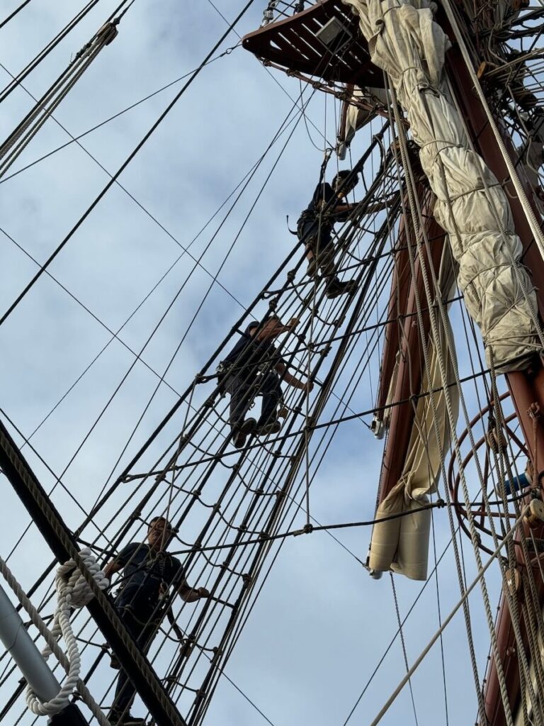 Deck crew scale the heights of Sea Cloud II’