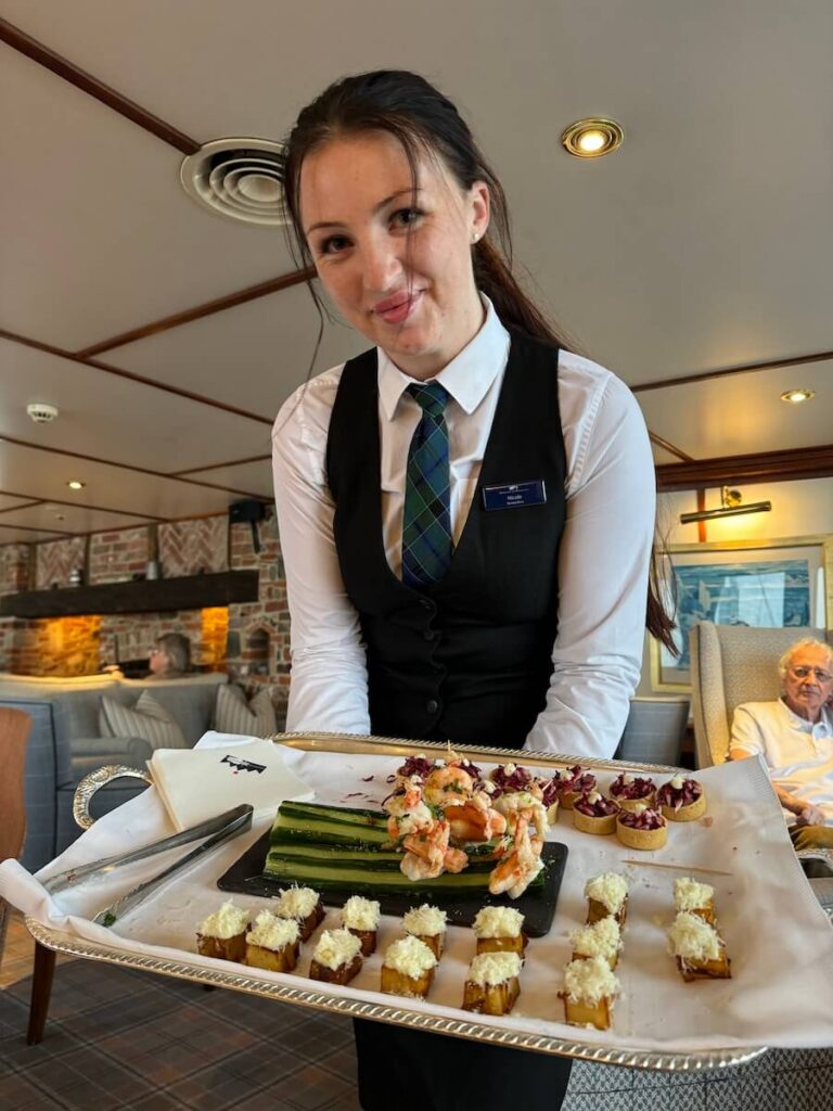 Canapes are served aboard Hebridean Princess