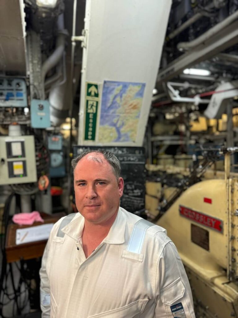 Chief engineer Hugh in the engine room of Hebridean Princes