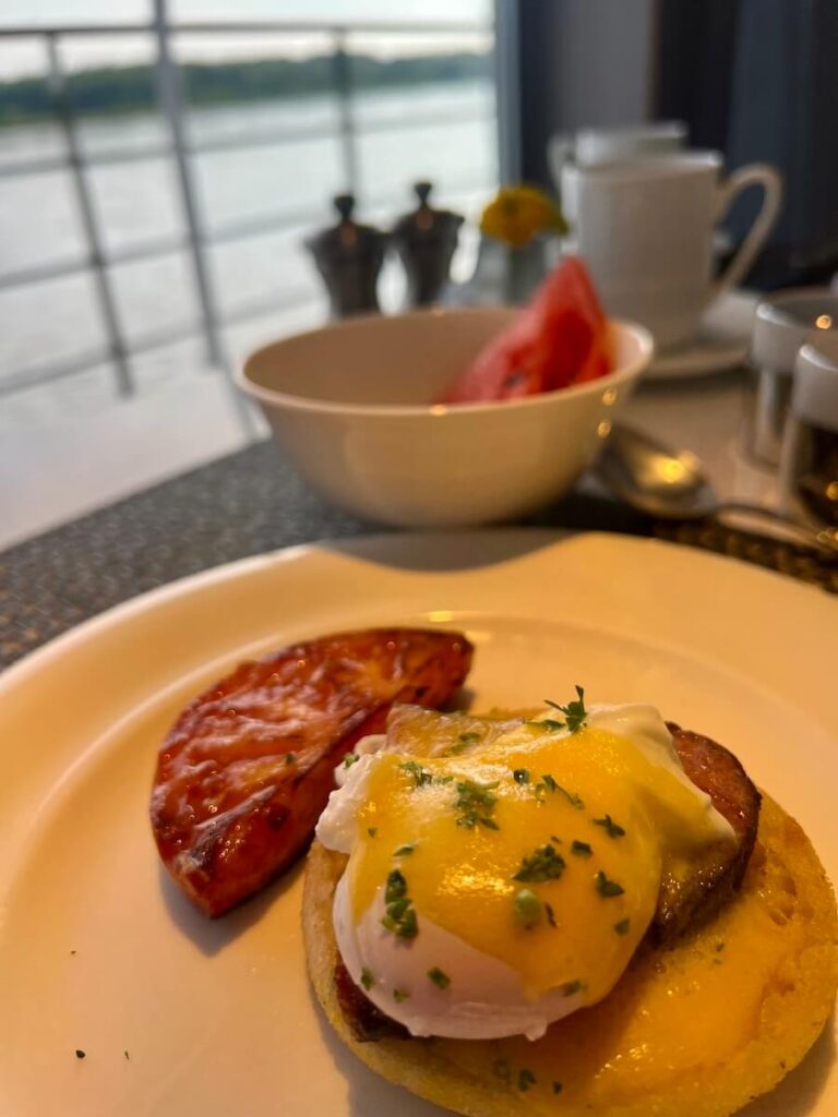 Excellent meals are included in the fares. Here, eggs Benedict in the Waterside restaurant of the Riverside Mozart