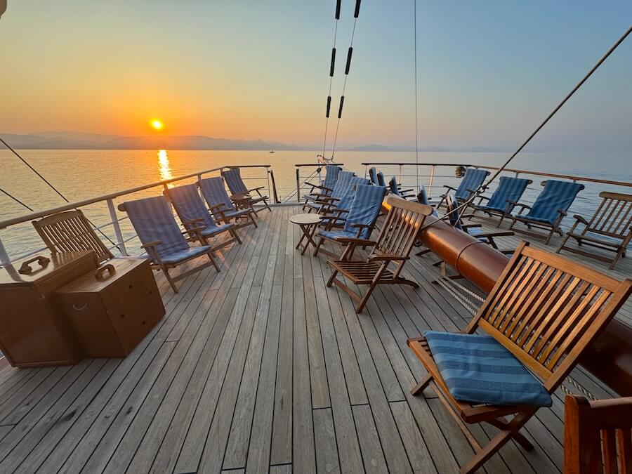 Sunrise over the Sea Cloud’s spanker deck